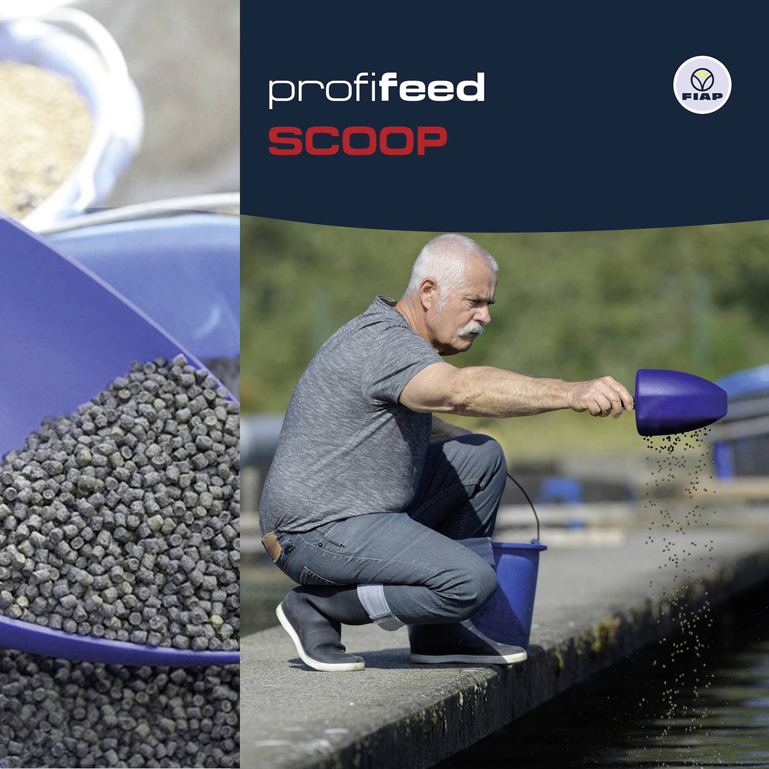 'Man feeds fish in pond with feed scoop; close-up of feed pellets in small shovel. Product: profifeed SCOOP.'