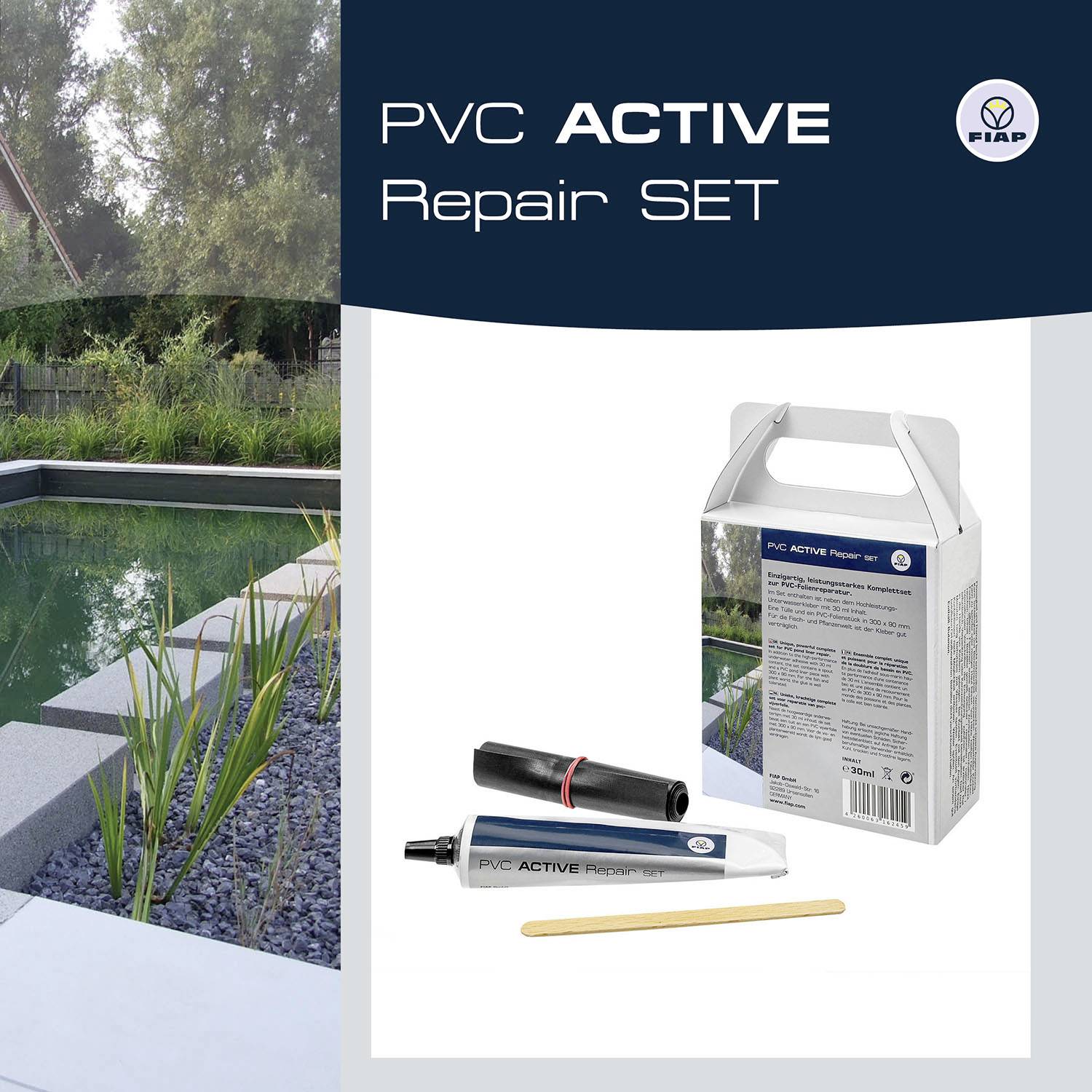 PVC Active Repair Set packaging next to an outdoor pool with plants, showing the set's application environment and contents.