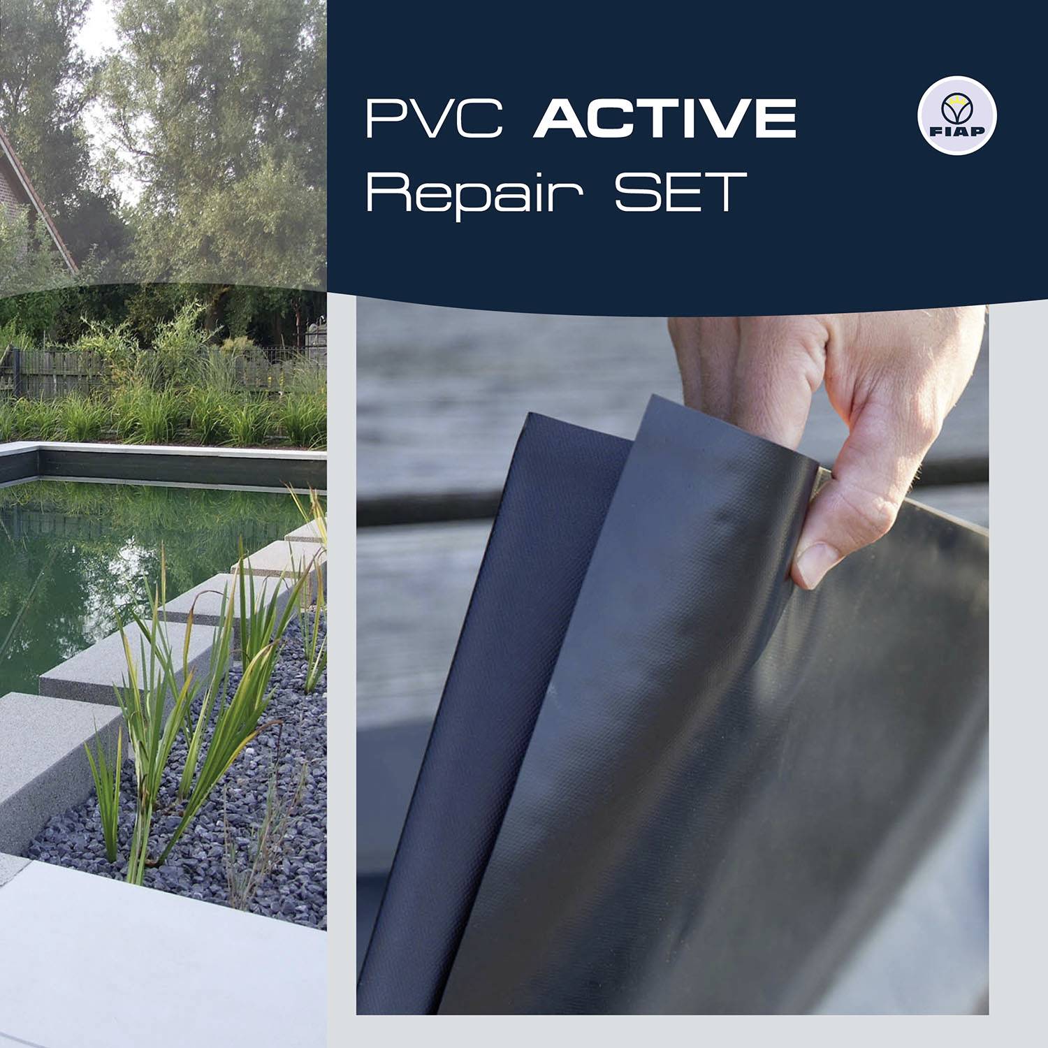 'PVC ACTIVE Repair SET' with a close-up of a hand holding a sheet of material. Garden pond with plants visible in the background.