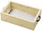 Wooden crate with metal wheels inside and handles on the sides, used for storage or easy transportation of items.
