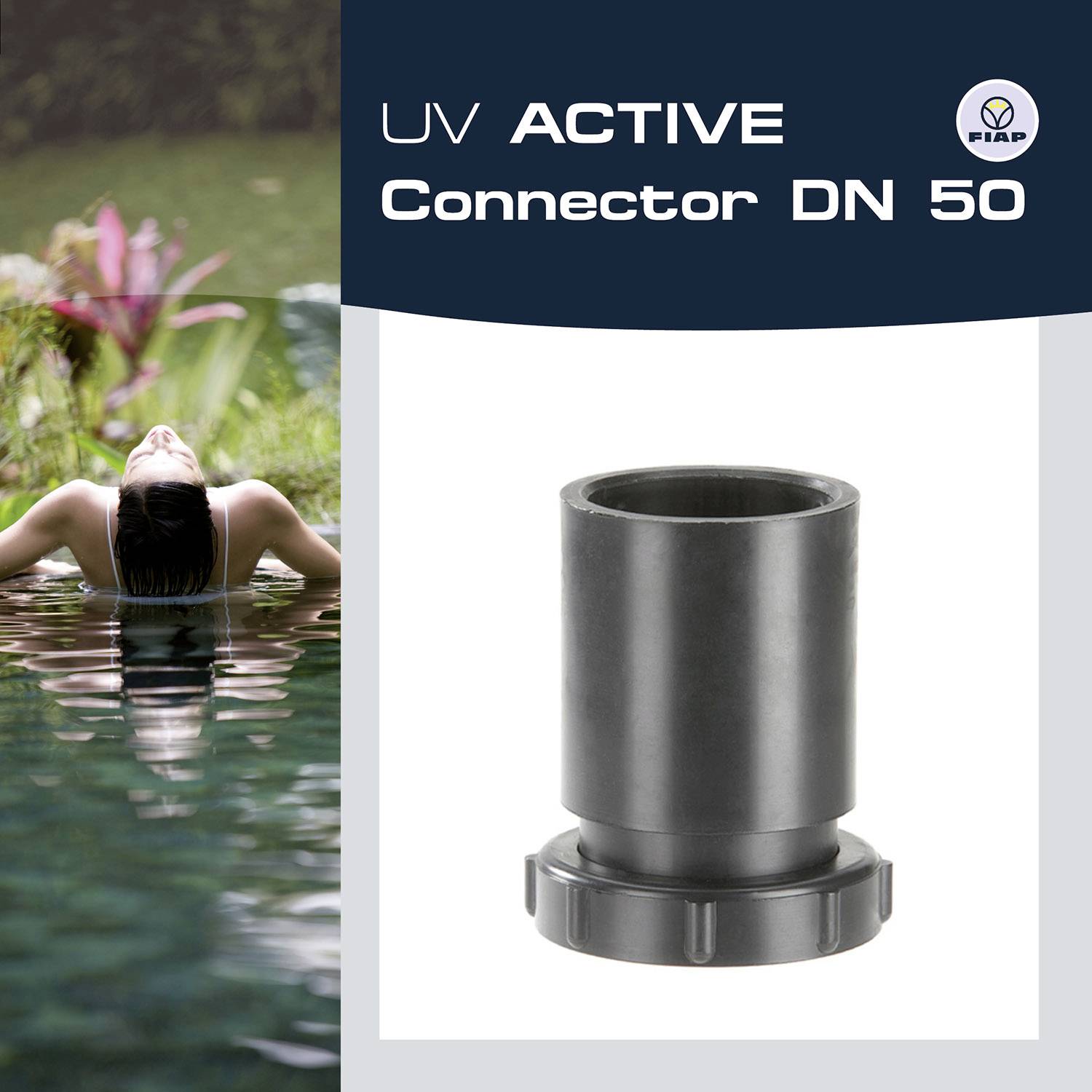 'UV ACTIVE Connector DN 50' is shown. A black plastic connector in a catalogue next to an image of a person in water.
