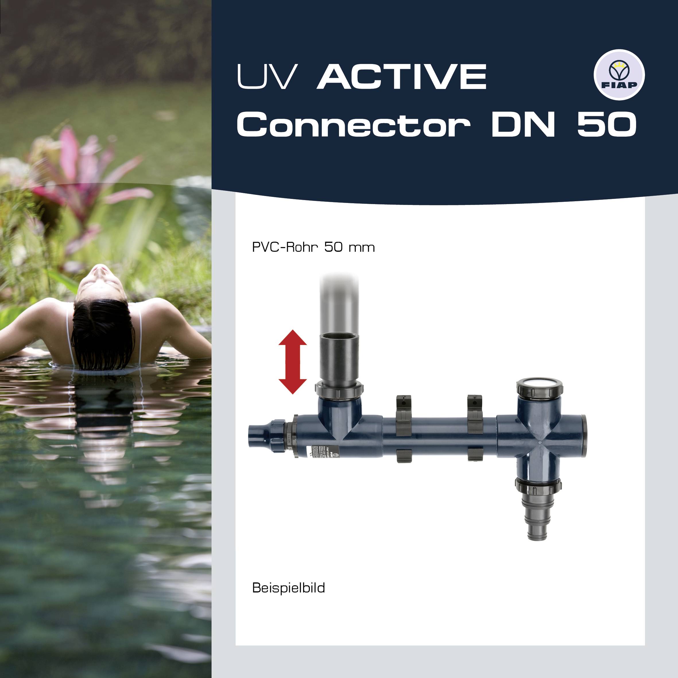 'UV ACTIVE Connector DN 50' shows a PVC pipe with connections. In the background, a person is relaxing in the water. Example image.