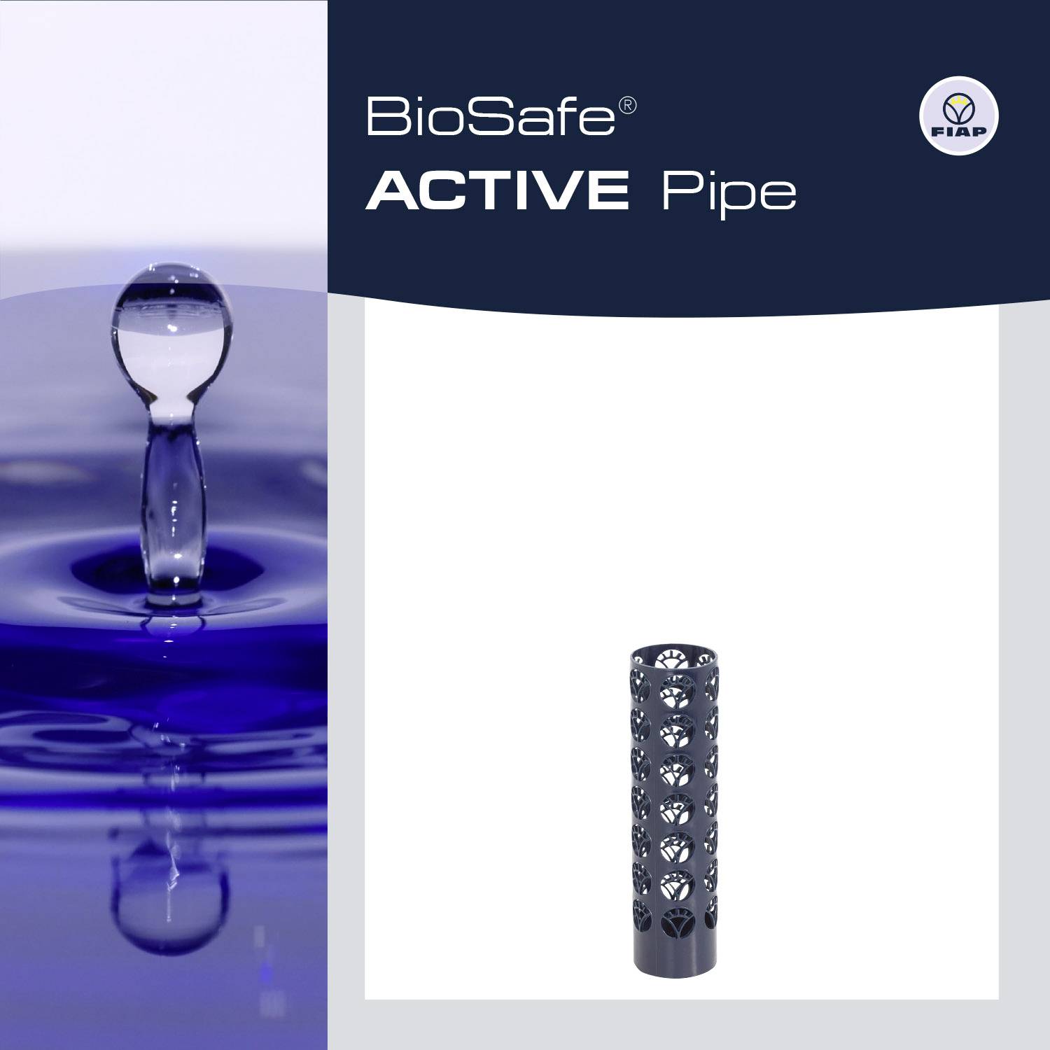 'BioSafe ACTIVE Pipe' and a high-gloss, perforated pipe section displayed against a white background.