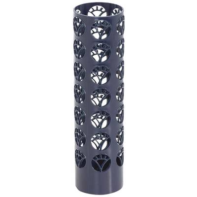 A cylindrical, dark grey holder with perforated holes in a floral pattern.