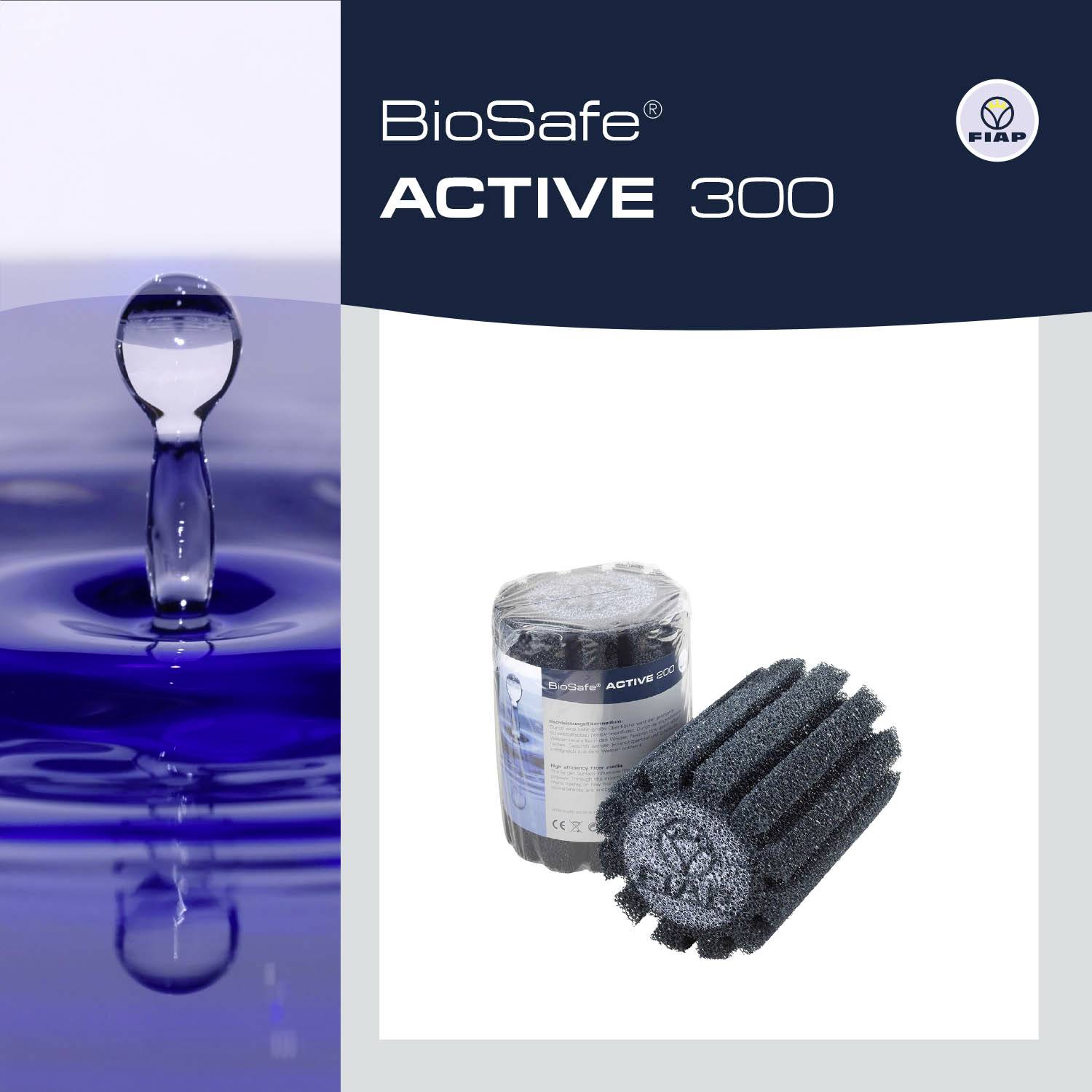 'BioSafe ACTIVE 300': Depiction of a water treatment product with a closer view of a black filter and water droplets.