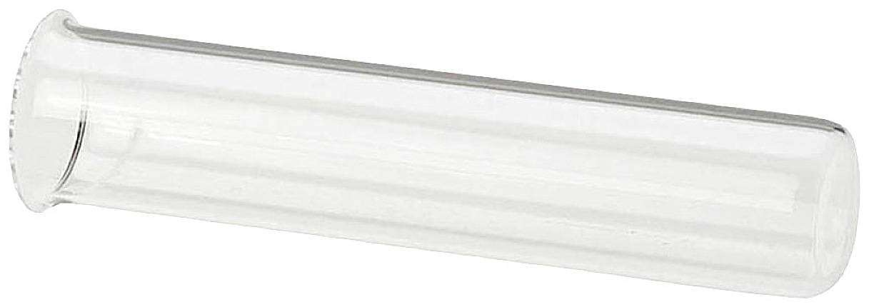 A empty, transparent glass test tube, lying down and slightly tilted.