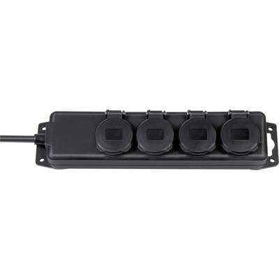 Black rectangular four-outlet power strip with cable attached on both ends, shown isolated on white background.