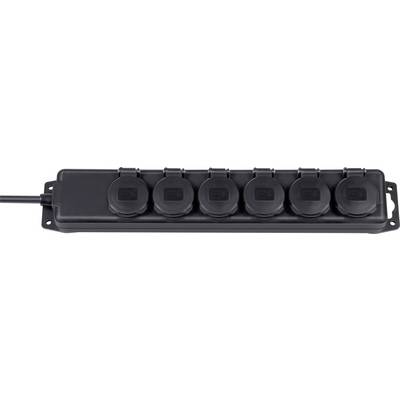Black outdoor electrical power strip with five covered outlets and a cord on the left side.