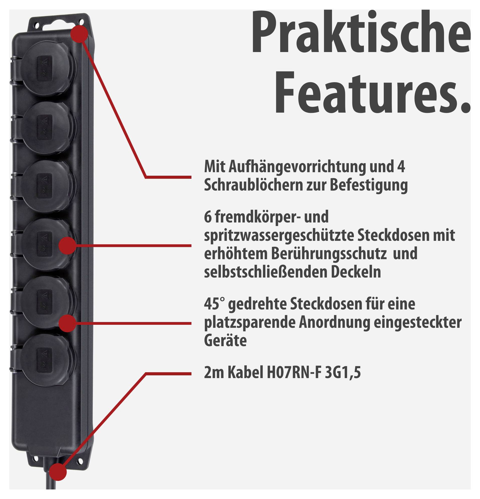 Multi-socket extension with 6 angled, splash-proof sockets; text mentions hanging device, 4 screw holes and 2 m cable.