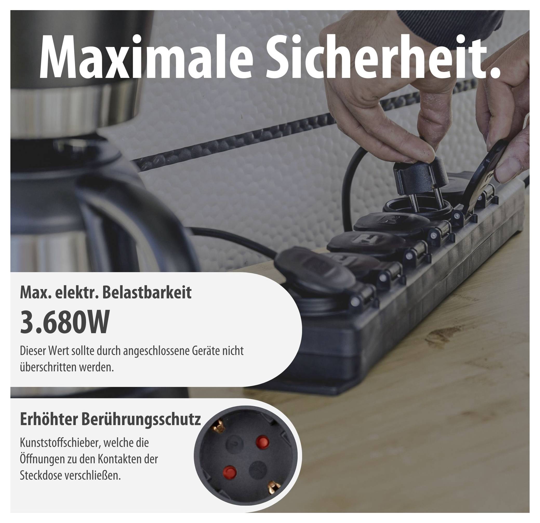 Advertisement for a power strip with the notice 'Maximum Safety': maximum electrical load capacity 3,680 W and enhanced contact protection.