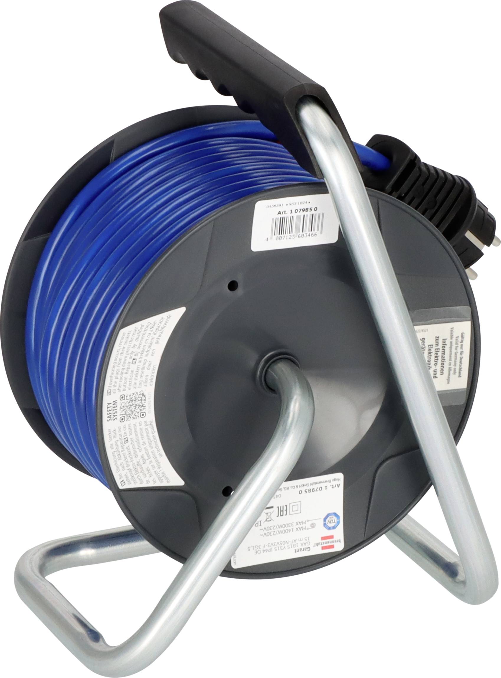 Black cable reel with blue cable on silver stand, black handle and plug.