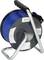Black cable reel with blue cable on silver stand, black handle and plug.