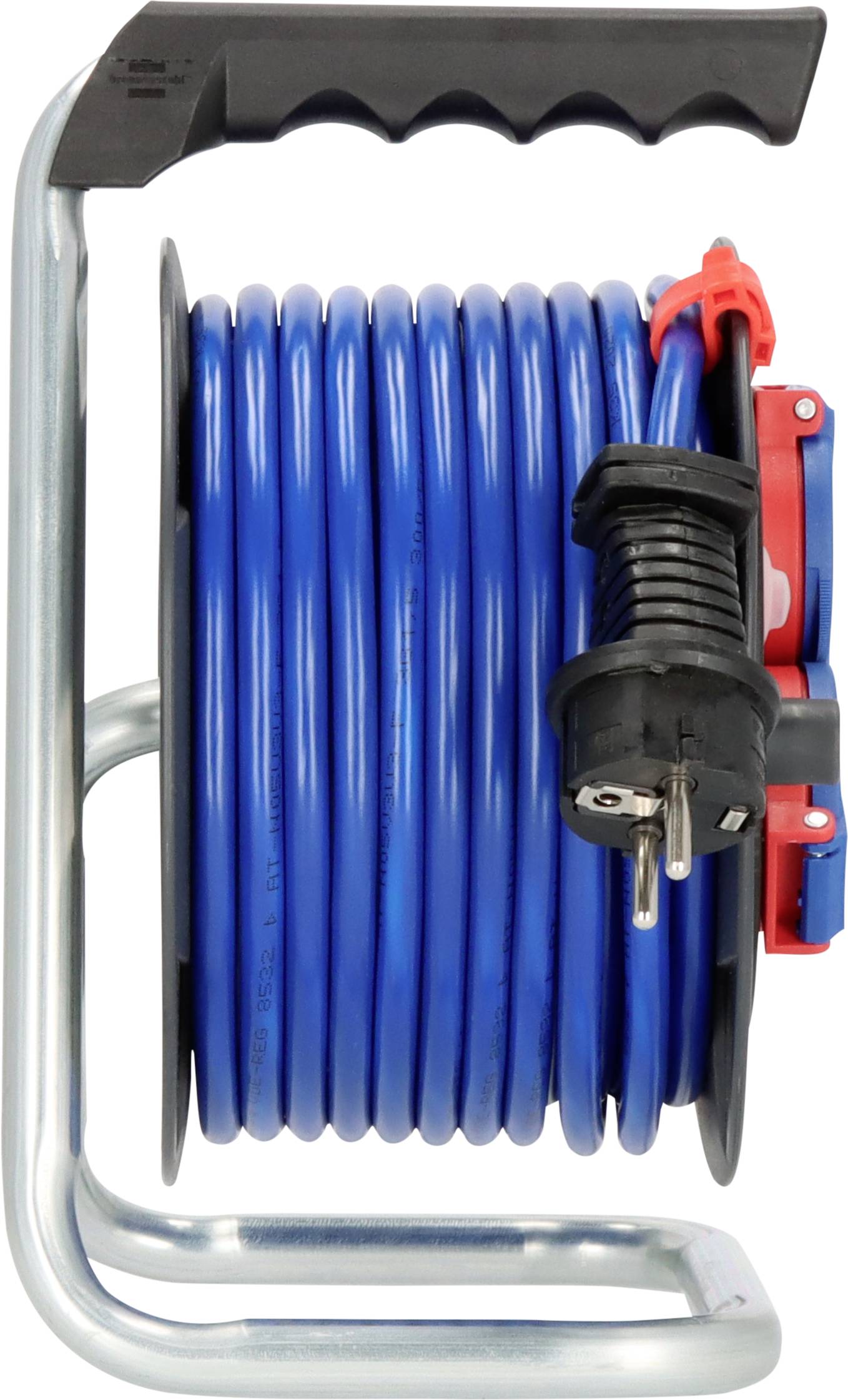 Blue cable reel with a black handle and red sockets on the side, mounted on a silver frame.