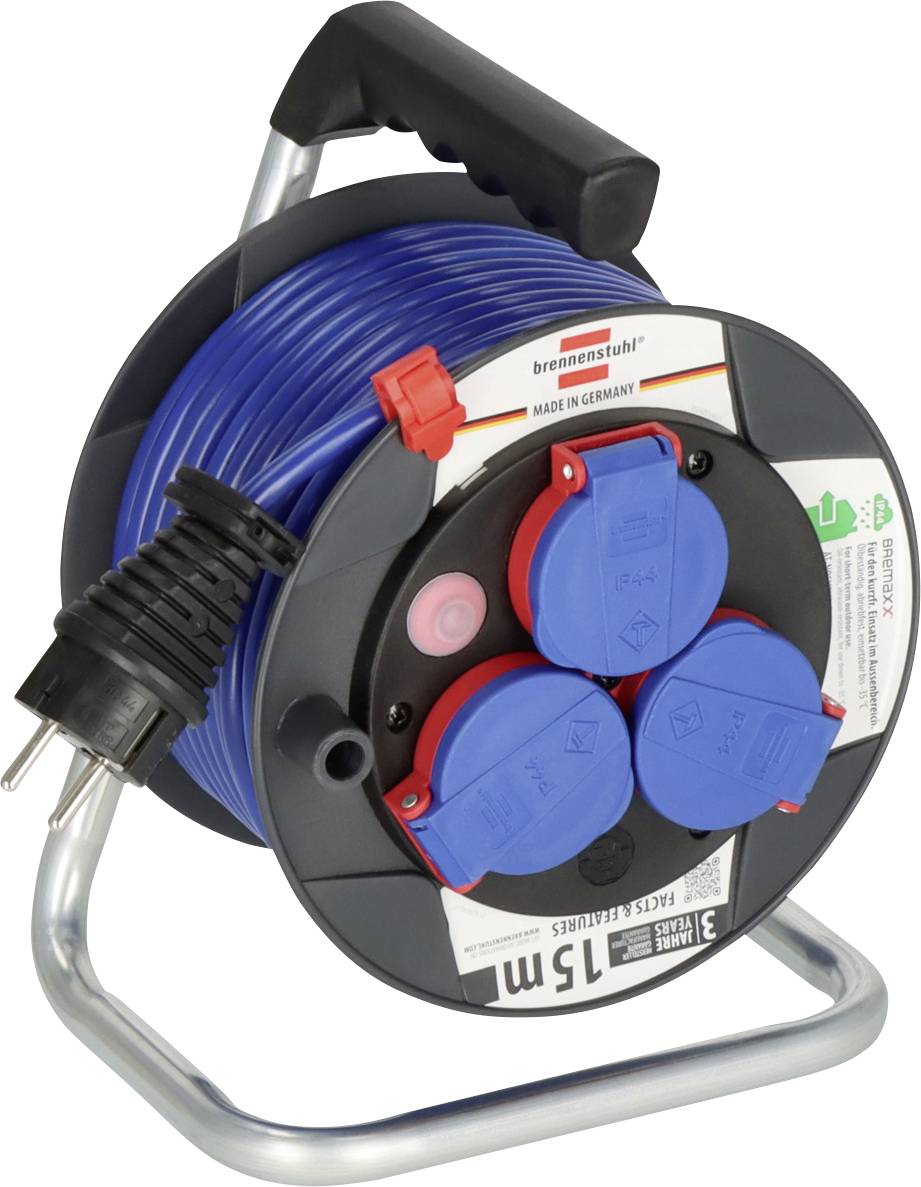 Portable cable reel with blue extension cord, three covered power outlets, and carry handle on a metal stand.