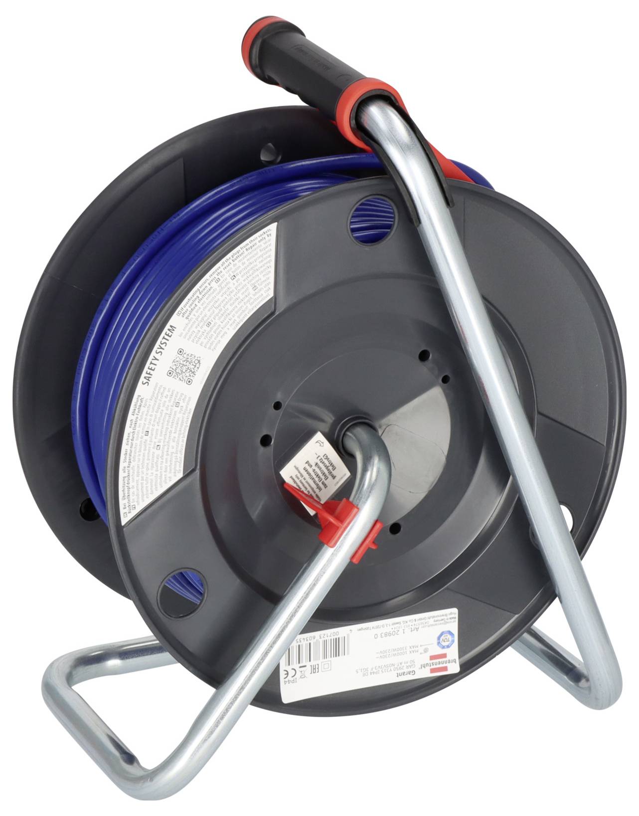 'A black and blue hose reel with a metal frame, showing product labels and a handle for easy carrying.'