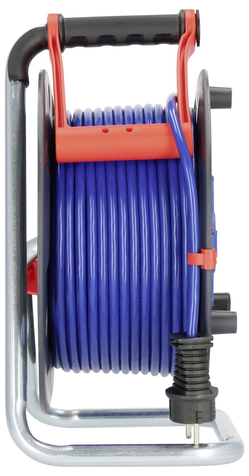 'A blue and black cable reel with a handle, mounted on a metal stand, used for organizing and storing electrical cables.'