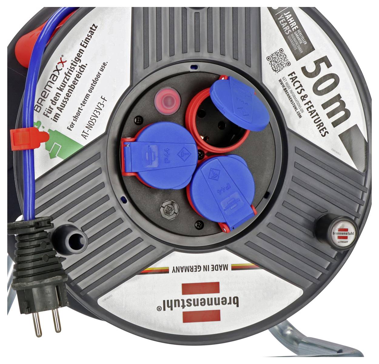 A 50-meter cable reel with three sockets, labeled 'Brennenstuhl'. Plugged-in blue cable, gray casing, and product details visible.