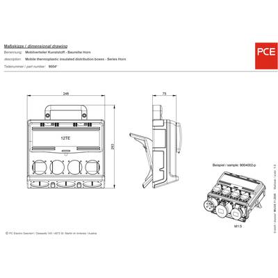 Technical drawing of a mobile plastic distributor, Horn series, with dimensions in mm. Drawing shows front and side view.