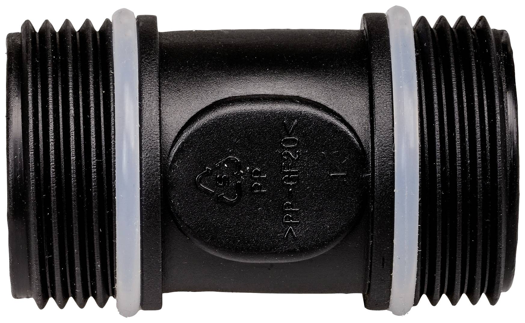 A black plastic connector with two external threads, each with a sealing ring. Suitable for connecting pipes.