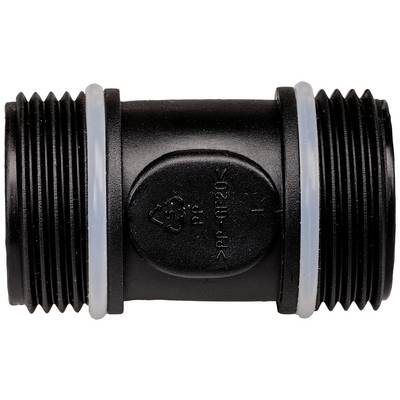 A black plastic connector with two external threads, each with a sealing ring. Suitable for connecting pipes.