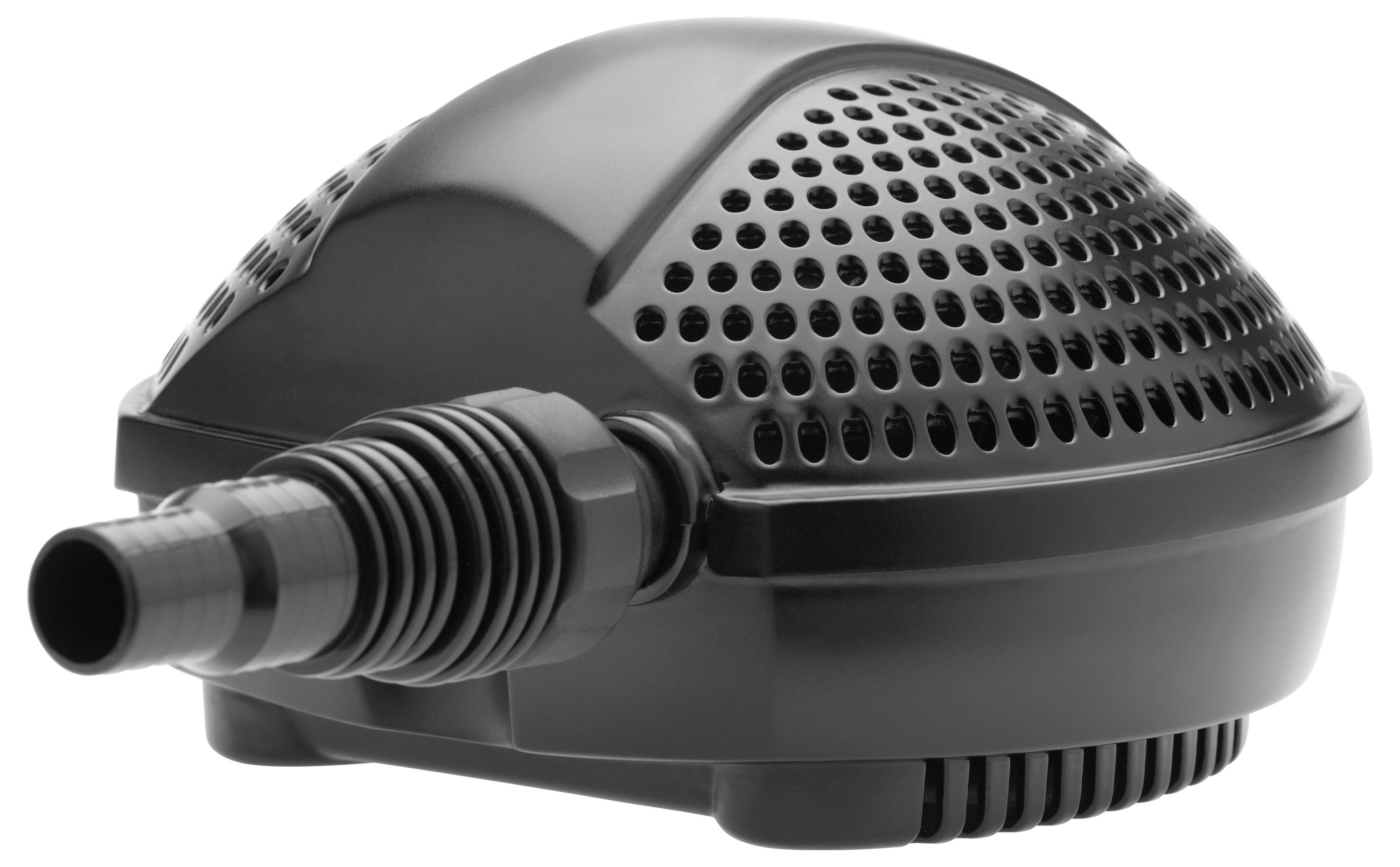 A black dome-shaped water pump with a nozzle and perforated surface, designed for efficient water circulation in ponds or water features.