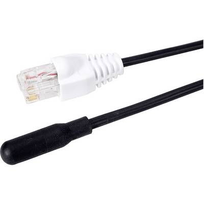 A network Ethernet cable with an RJ45 plug is connected to a black temperature sensor.