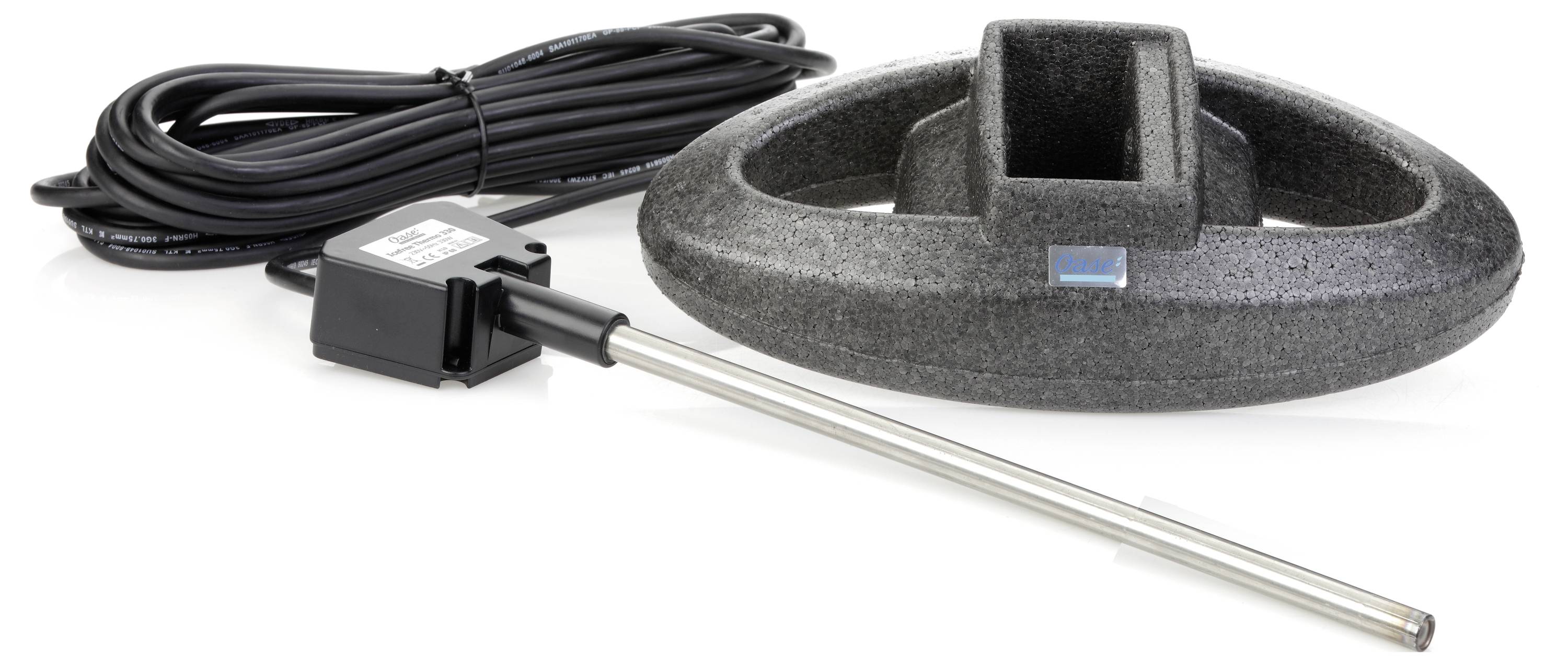 A round, black floating device and a long metal probe with black cord. The setup appears to be for temperature or level measurement in liquid environments.