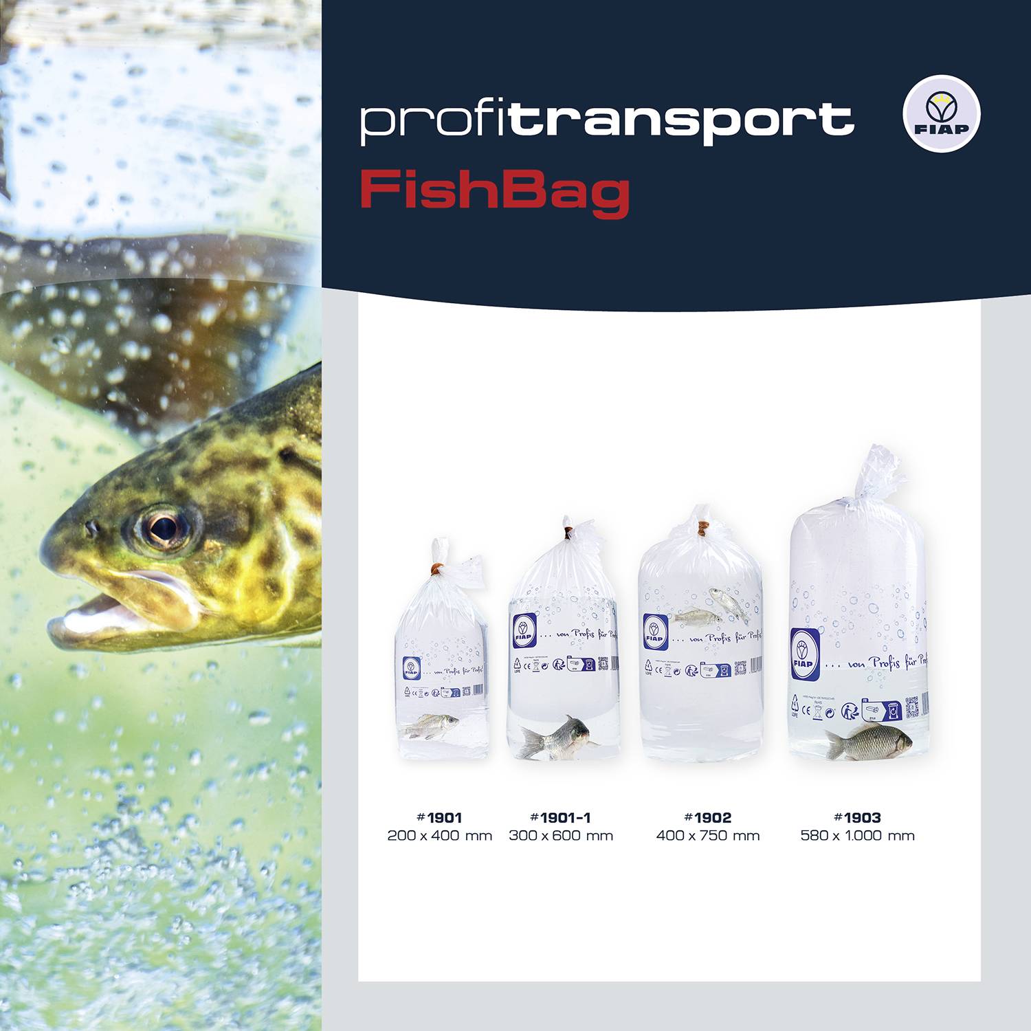 'FishBag' Fish Transport System: On the left, a swimming fish, on the right the product in four sizes 200-1600 mm, transparent with FIBAP logo.