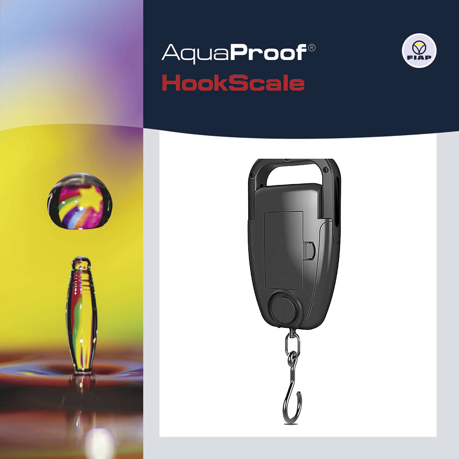 Scales with a hook displayed beneath the product name 'AquaProof HookScale'. Colourful water droplets in the background.