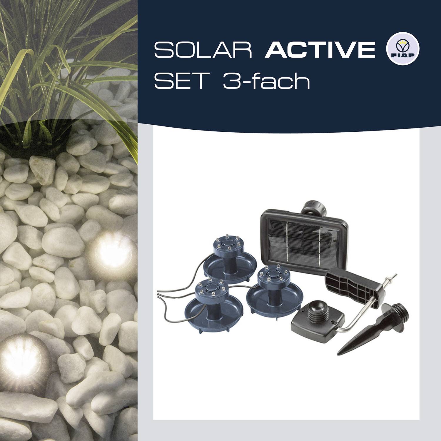 'SOLAR ACTIVE SET Triple by Fiab' on a dark background, showing three solar lights and a solar control panel.