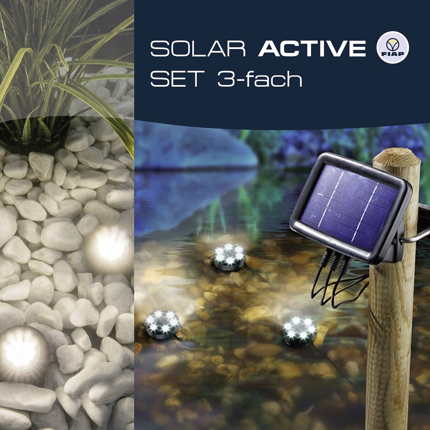 'A solar light set for outdoor use. Three illuminating lights rest on stones, next to a solar panel mounted on a wooden post.'
