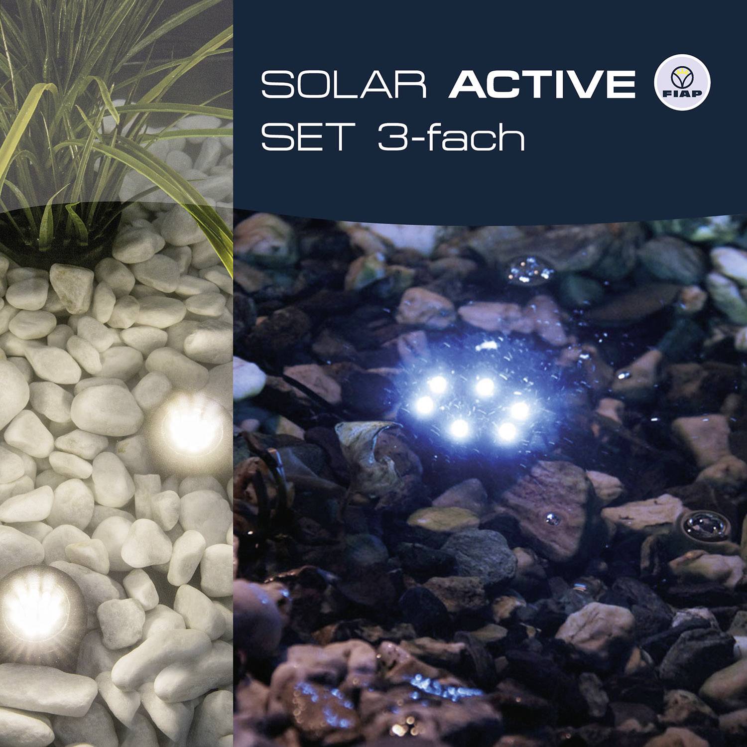 Solar lights in use on stones, illuminating plants. Text: 'SOLAR ACTIVE SET 3-PACK'.