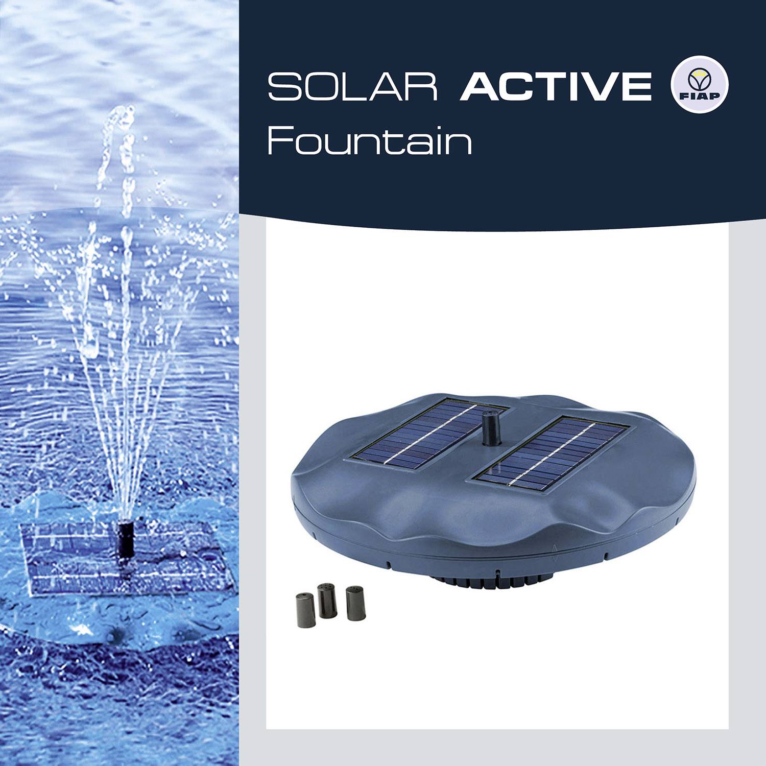 A floating solar fountain pump sprays water upwards. Next to it is a product image with the text 'SOLAR ACTIVE Fountain'.