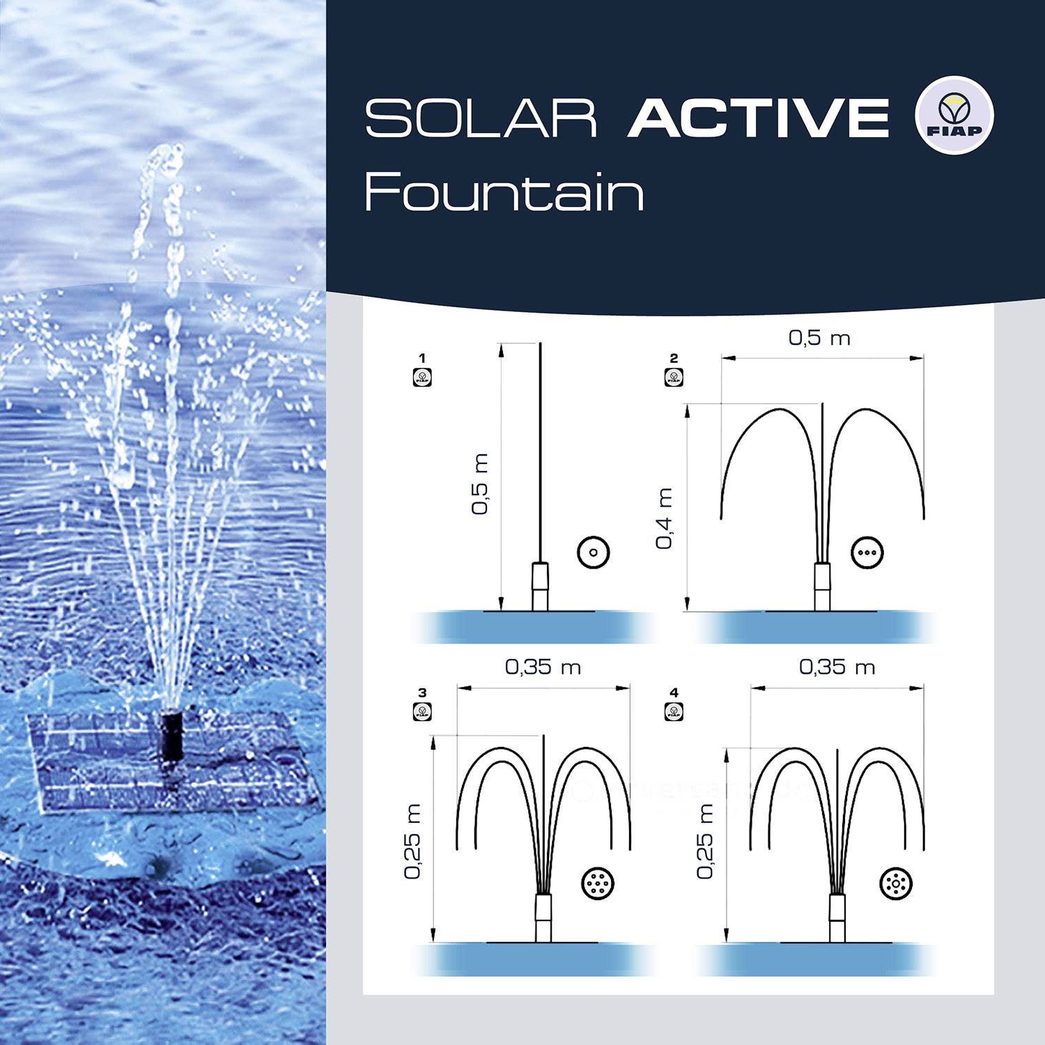 'Diagram of the Solar Fountain: Various spray patterns shown. Labels: 0.25 m, 0.35 m, 0.4 m height. Brand logo top right.'