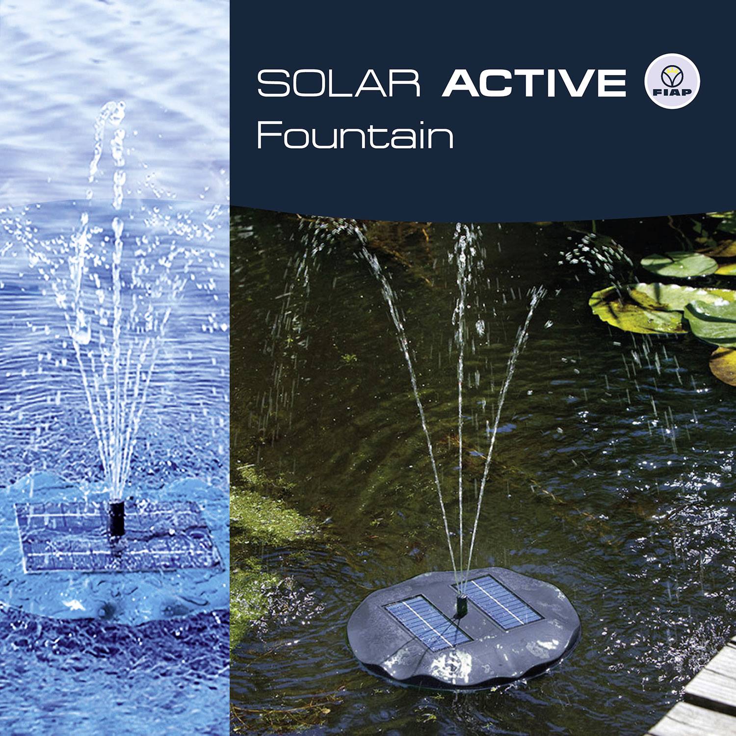 'SOLAR ACTIVE Fountain' on a blue background. Two images of a fountain: on the left in blue water, on the right in a pond with water lilies.