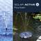 'SOLAR ACTIVE Fountain' on a blue background. Two images of a fountain: on the left in blue water, on the right in a pond with water lilies.