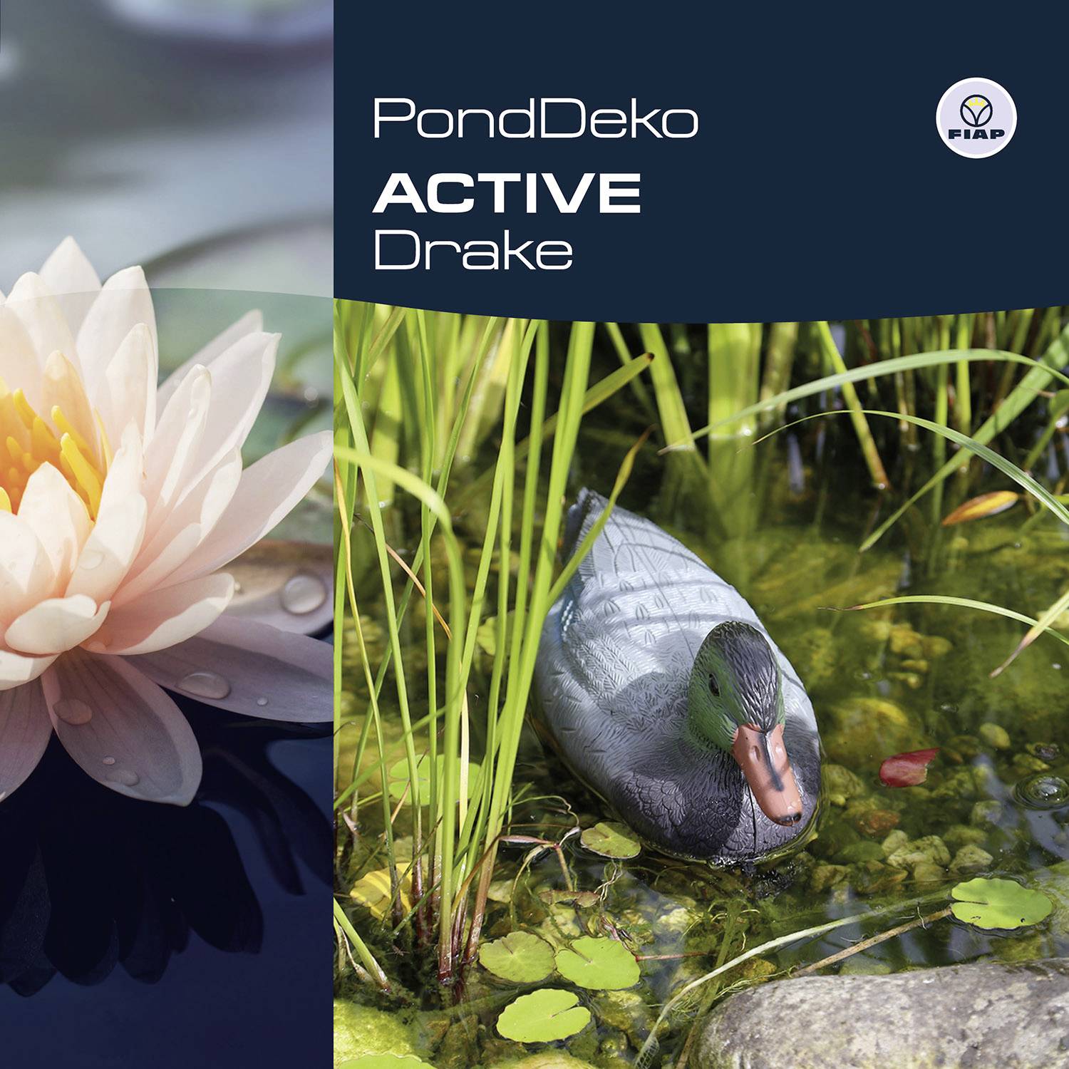 A duck swims beside a white flower in a pond. Text: 'PondDeko ACTIVE Drake'.