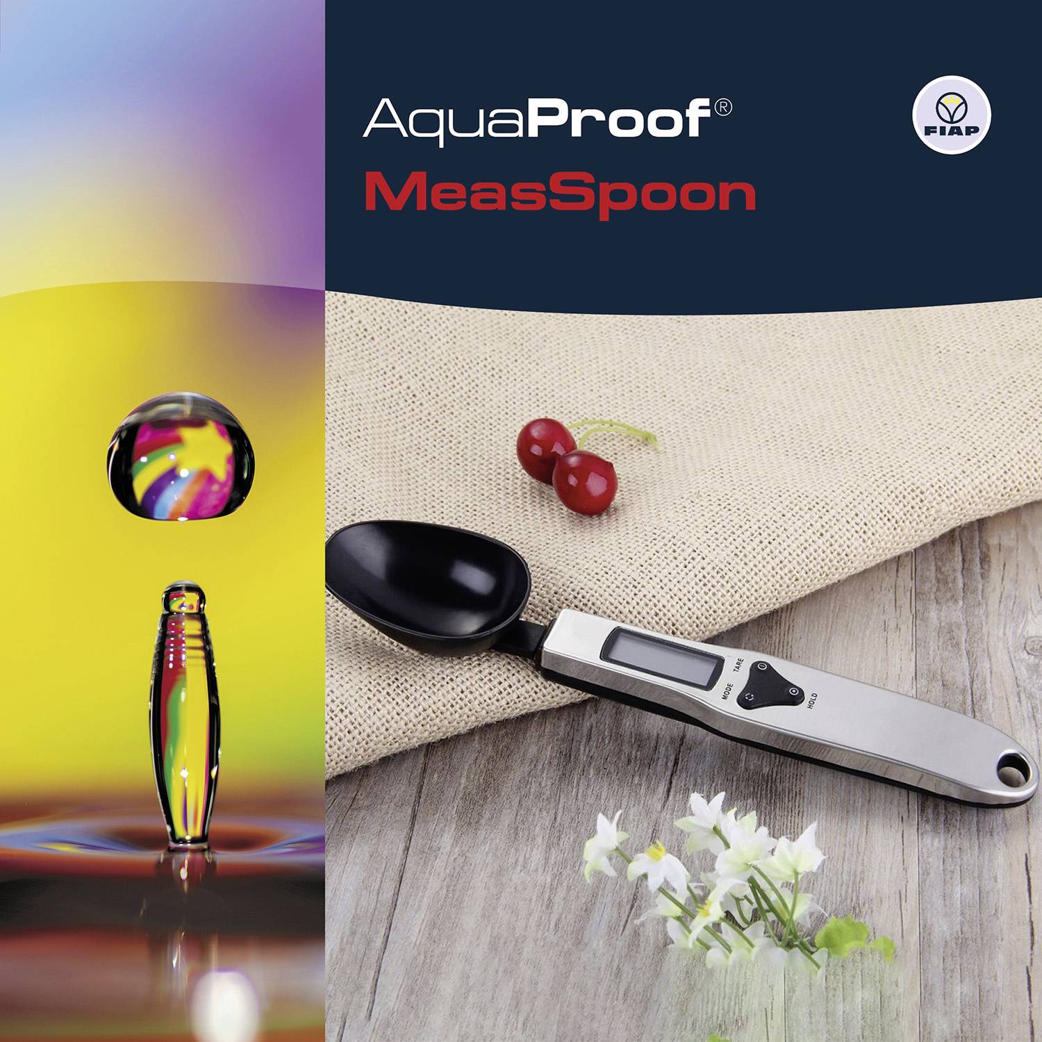 The left side of the image shows a colourful water droplet. Next to it on the right, a digital measuring spoon sits with two cherries on a cloth.