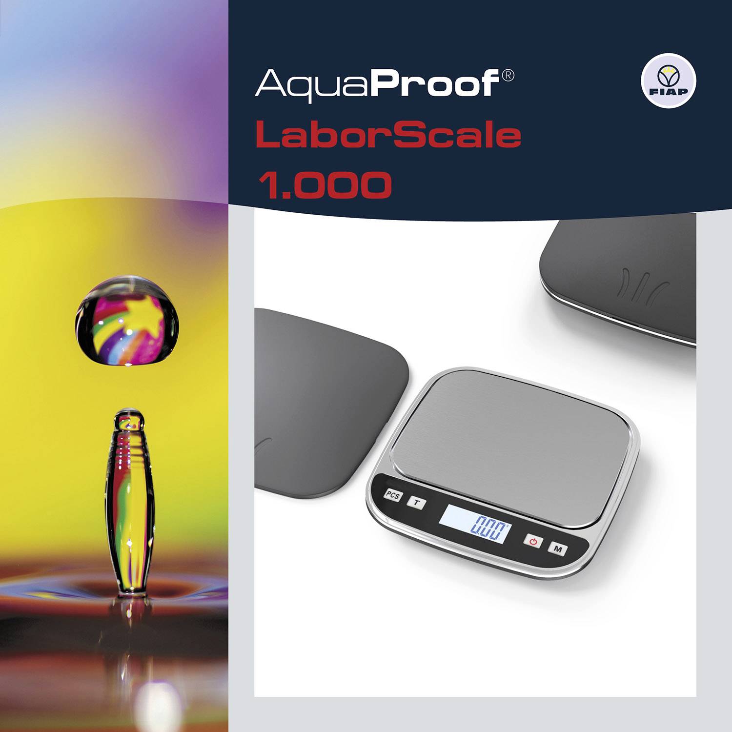 Electronic scales with a digital display on a grey background. On the left, a colourful water absorption image, at the top 'AquaProof LaborScale 1,000'.