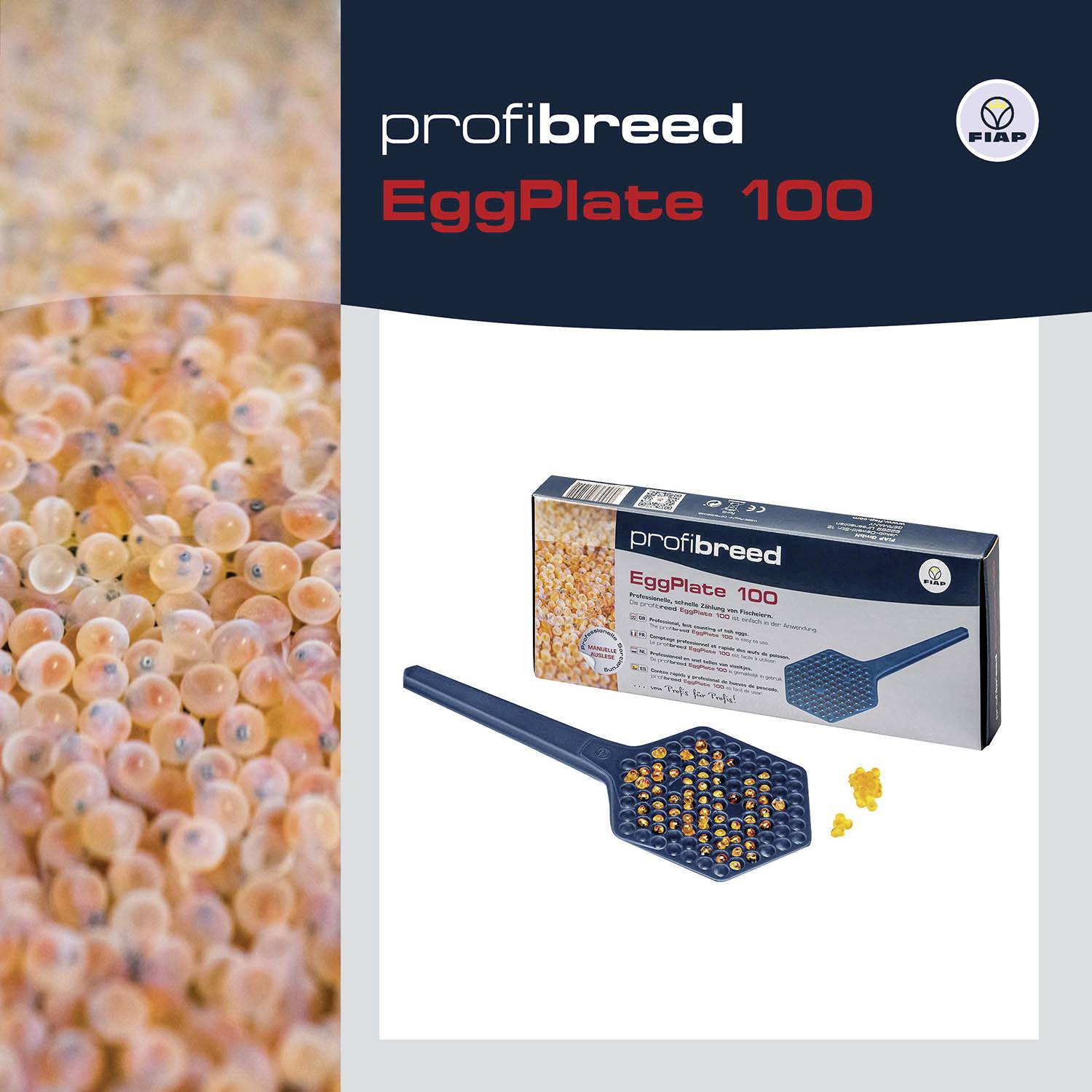 'profi breed EggPlate 100': Packaging for fish egg incubation plates, depicted with a blue plastic plate and orange eggs. A detailed image of the eggs is shown on the left.
