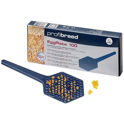 Dark blue plastic mould with depressions for breeding fish eggs, alongside packaging with the product name 'profi breed EggPlate 100'.