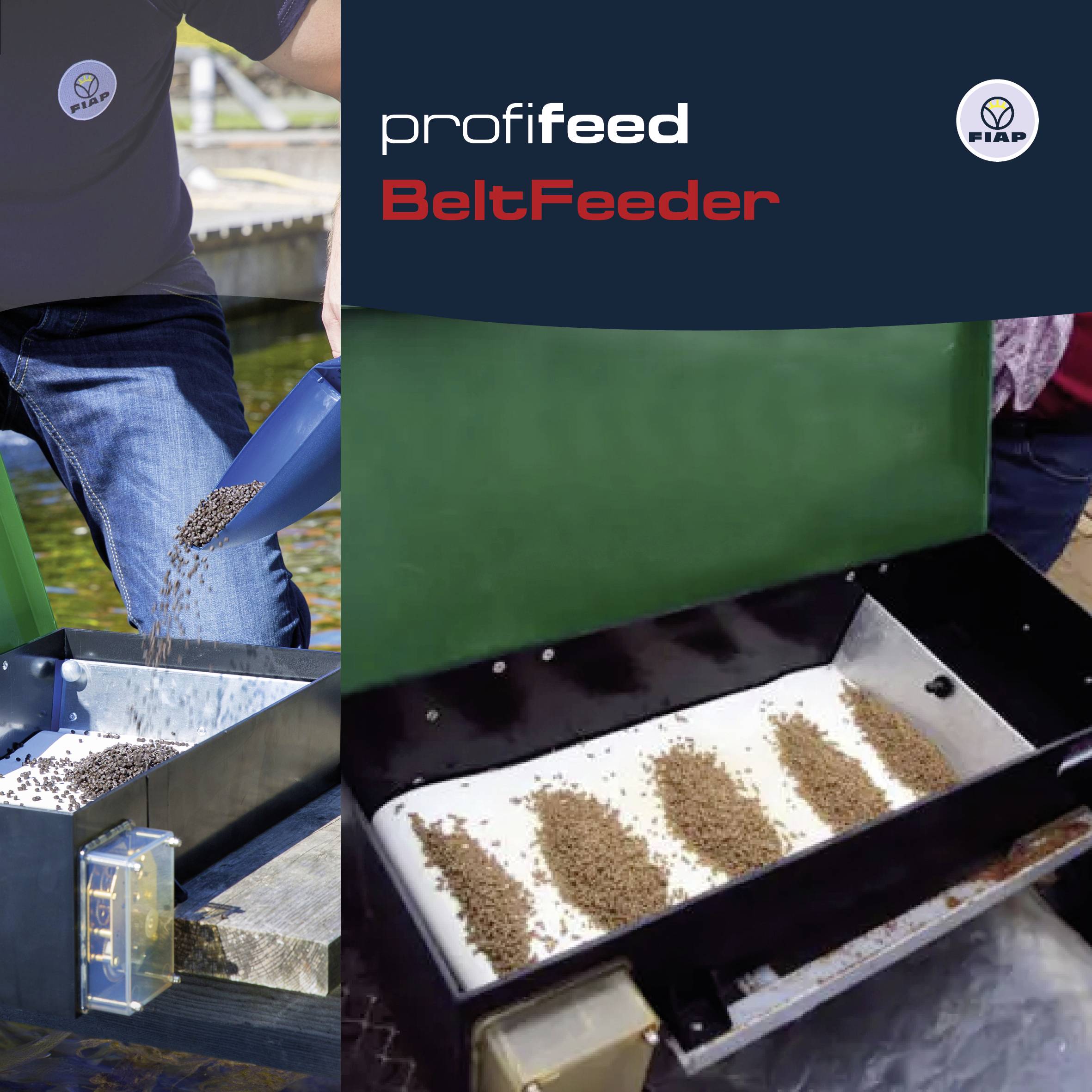 'Close-up of an automatic feeding system distributing feed pellets in a fish pond. Brand logo in the top corner.'