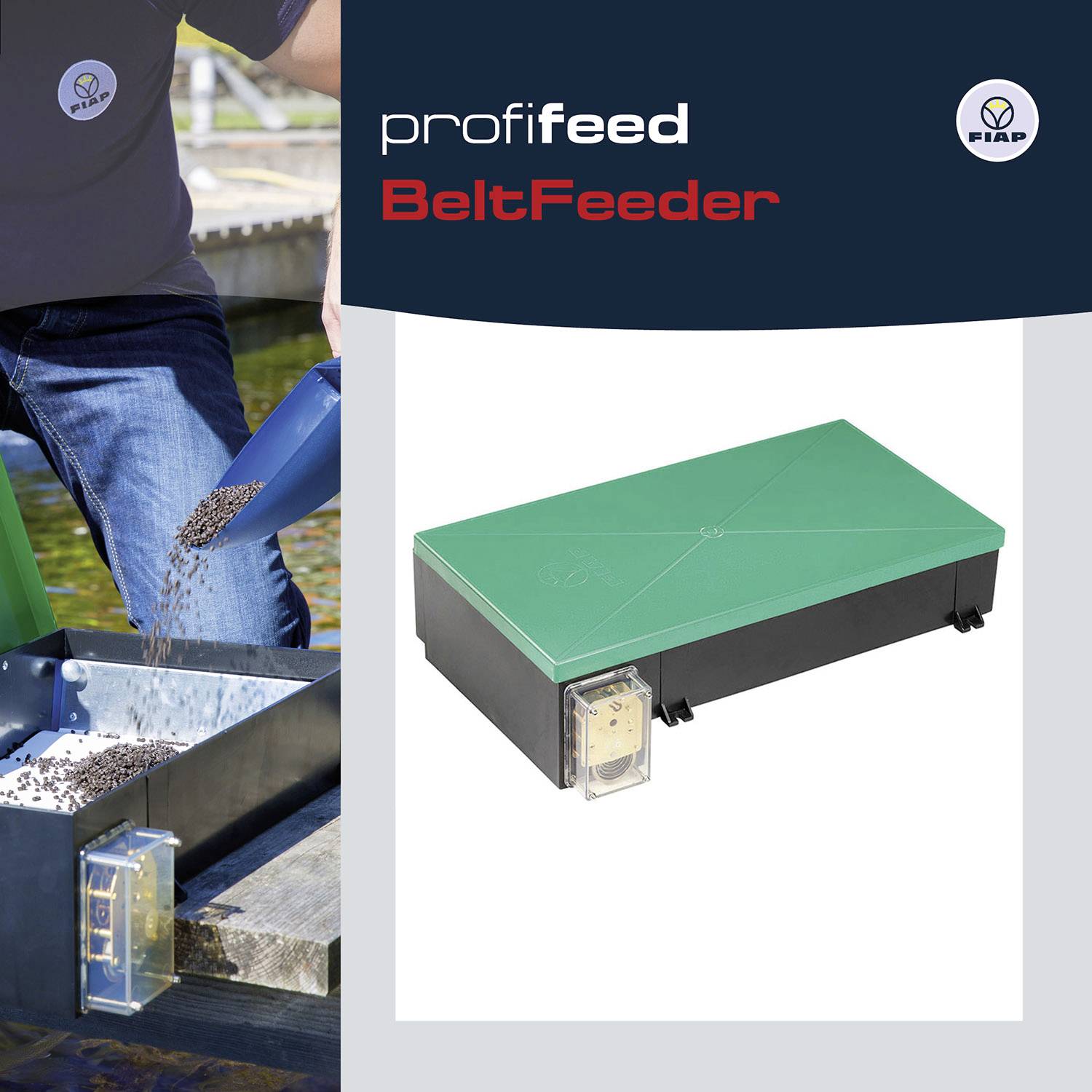 A person is filling feed into a profifeed BeltFeeder device. On the right, the device with a green lid is pictured.