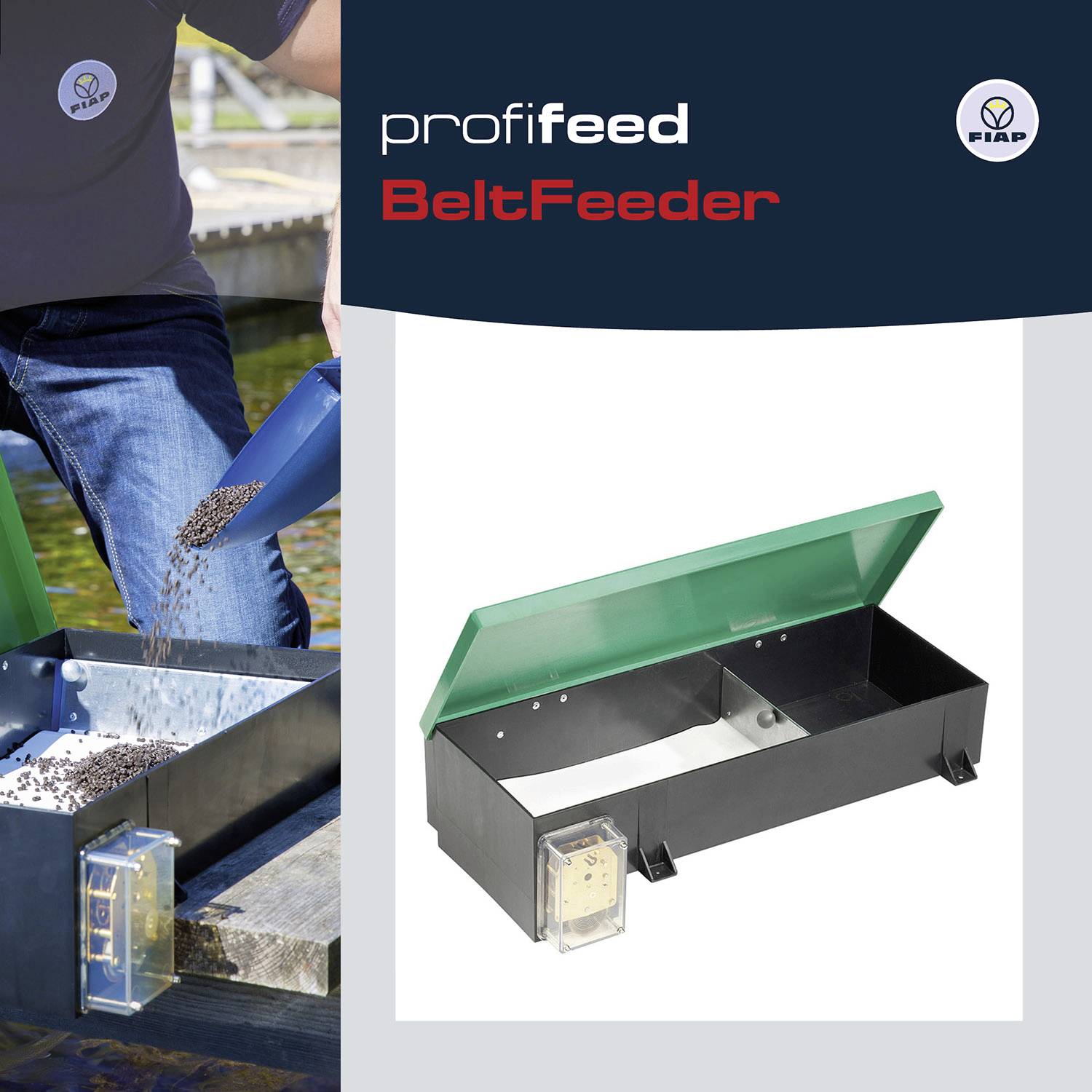 A person is filling fish food into a FIAP BeltFeeder. Next to this, the BeltFeeder is shown open. The logo and name 'profi feed' are visible.