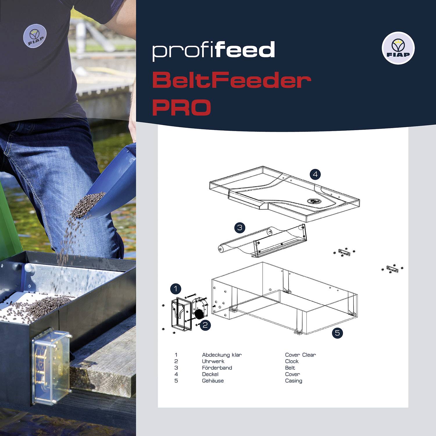 A man is feeding fish with feed pellets. On the right is a technical drawing of a conveyor belt system with labels.