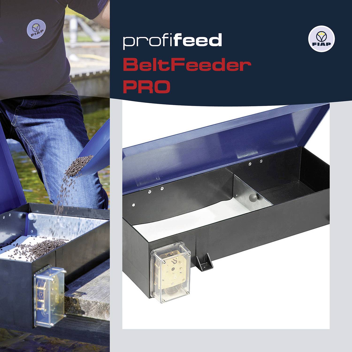 Two images show the BeltFeeder PRO by the profifeed brand from FIAP. Left: Feed falling into water. Right: Close-up of the device.
