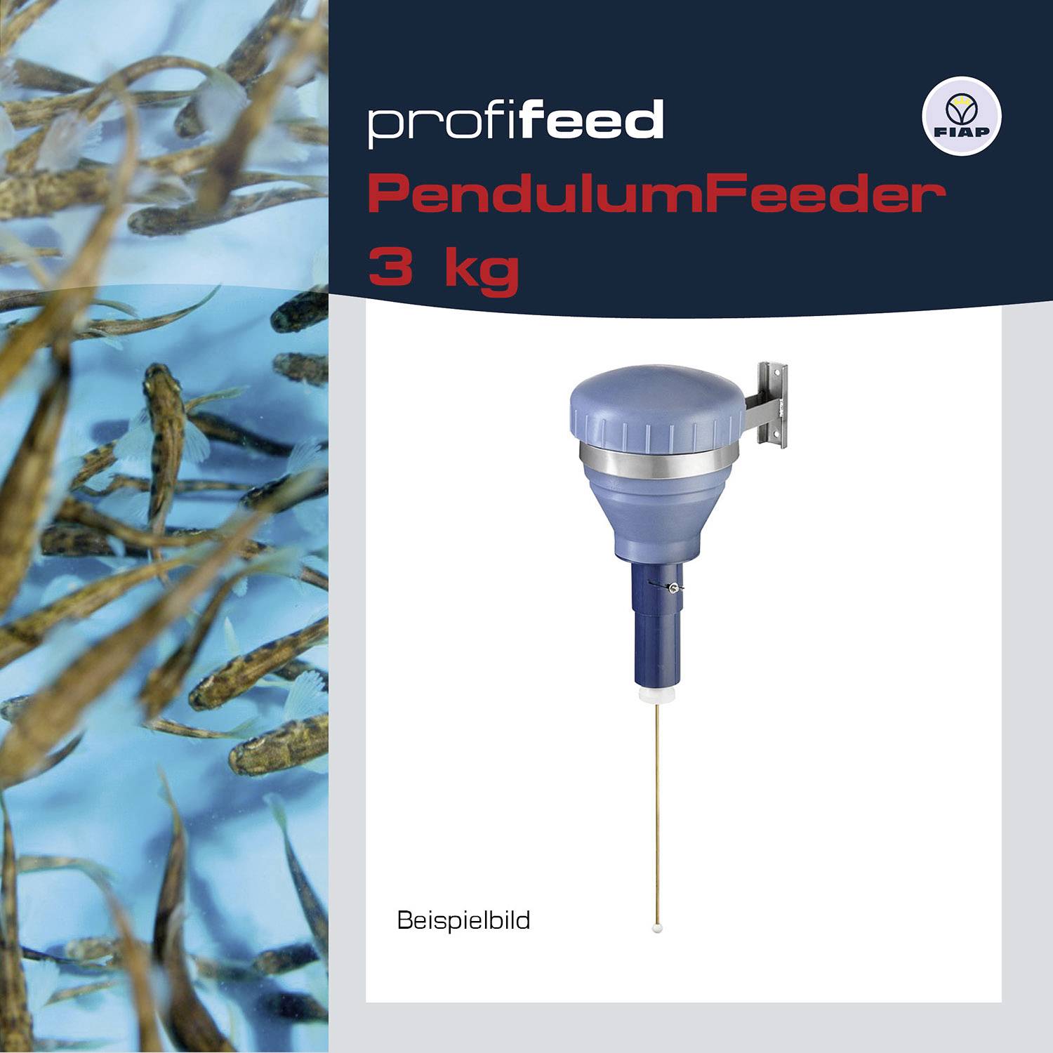 Fish feed swarming in the water on the left, a pendulum feeder dispenser image on the right. Text on the packaging: 'Profifeed Pendulum Feeder 3 kg'.
