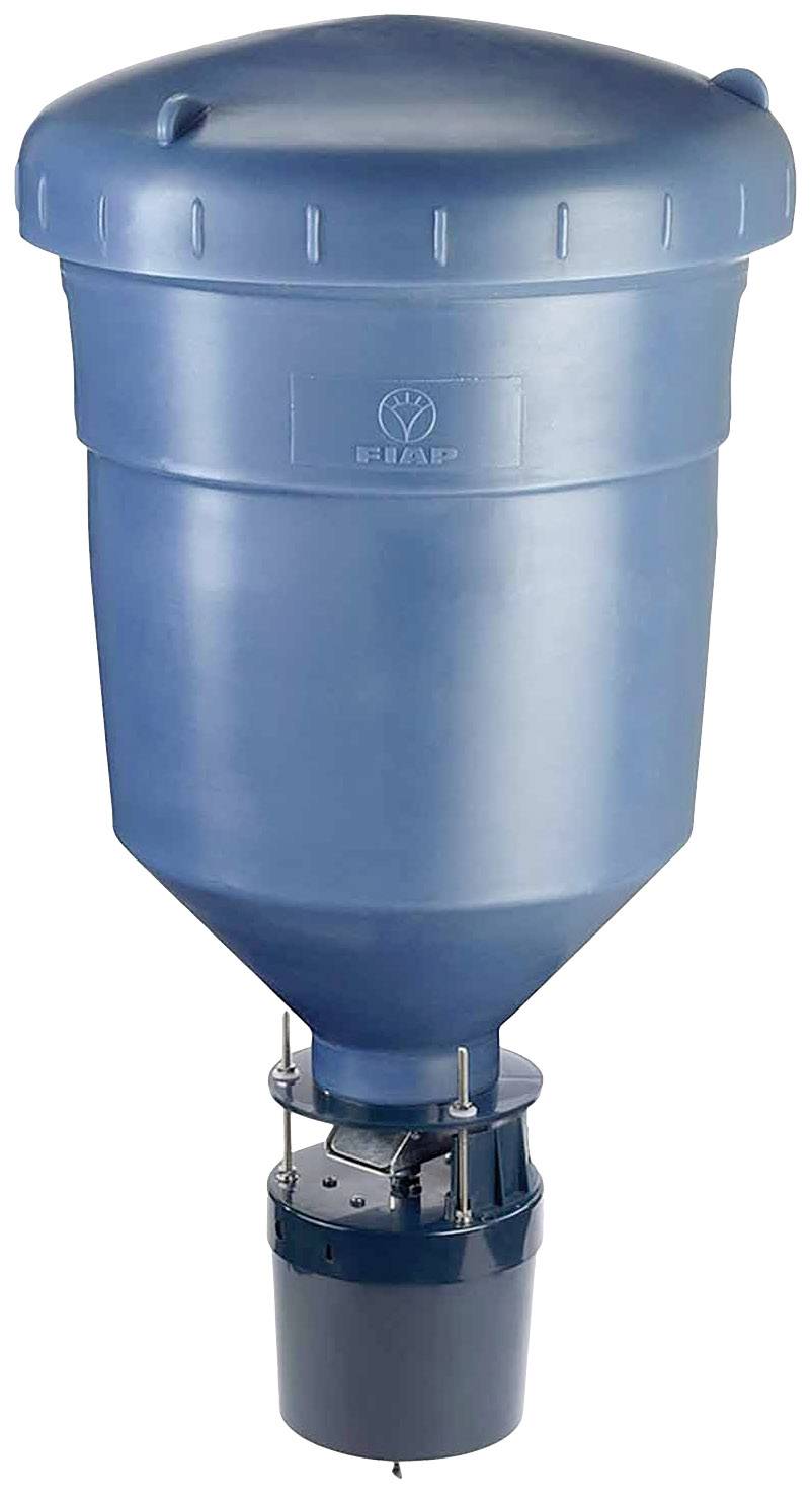 Blue, vertical rainwater storage tank made of plastic with a conical shape and lid. Underneath is a valve for water discharge.