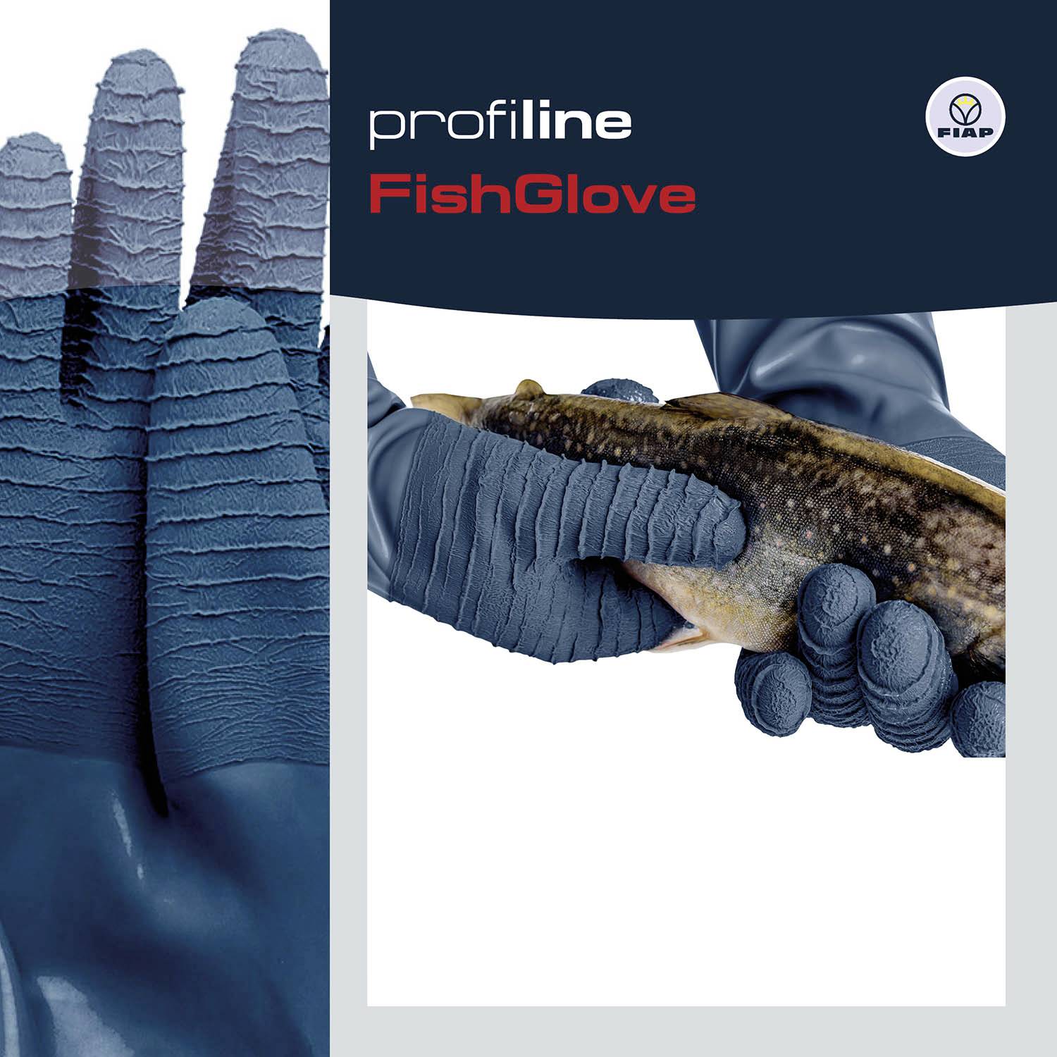 A pair of blue gloves is holding a small fish. The text 'profiline FishGlove' and the brand logo are visible.