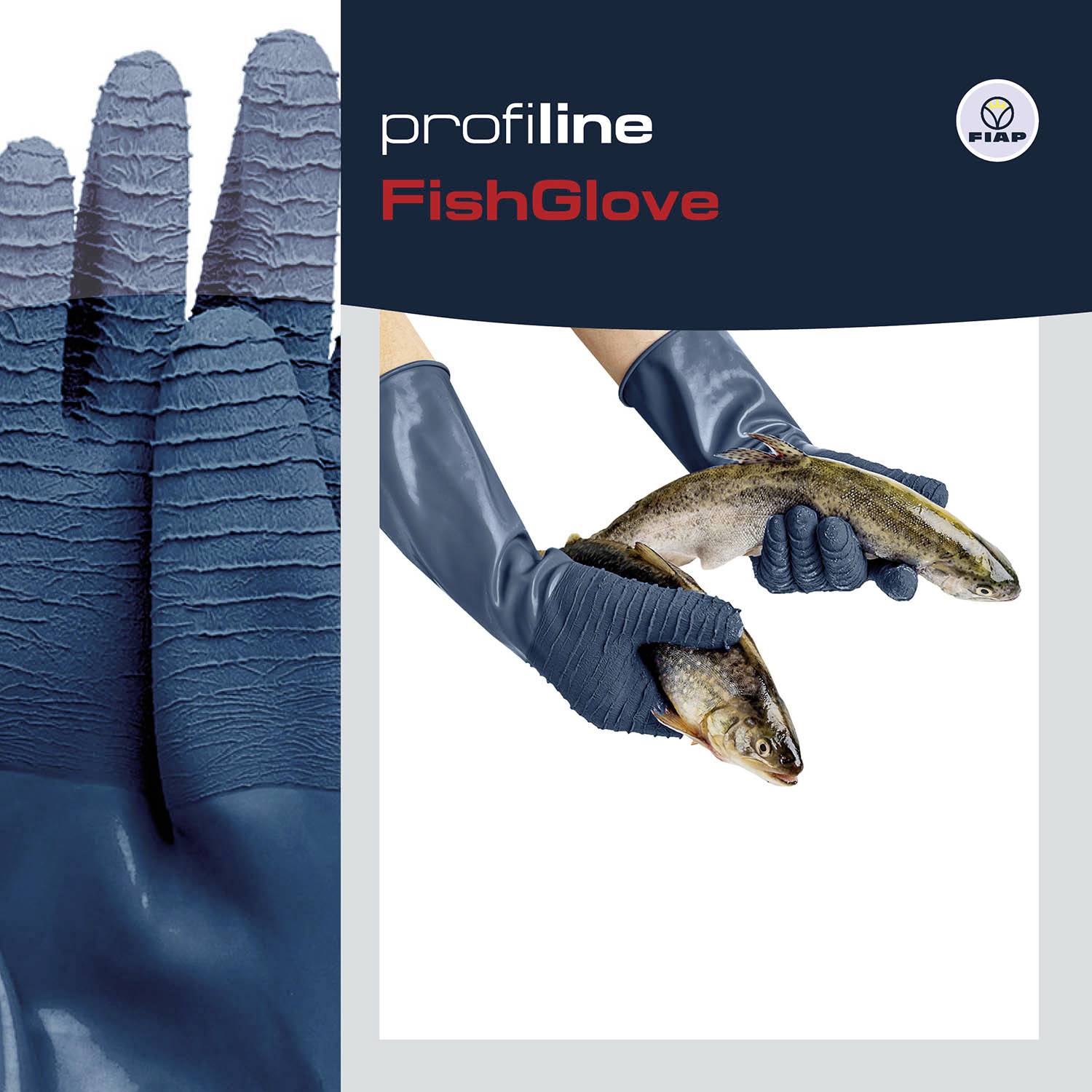 'Profiline FishGlove' shows blue gloves holding two fish. Fisap logo in the top right corner. Advertising image for protective gloves.